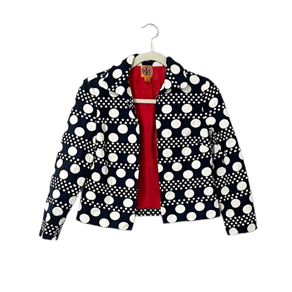Tory Burch Navy & White Polka Dot 3/4 Sleeve Open Front Cropped Jacket Size 2